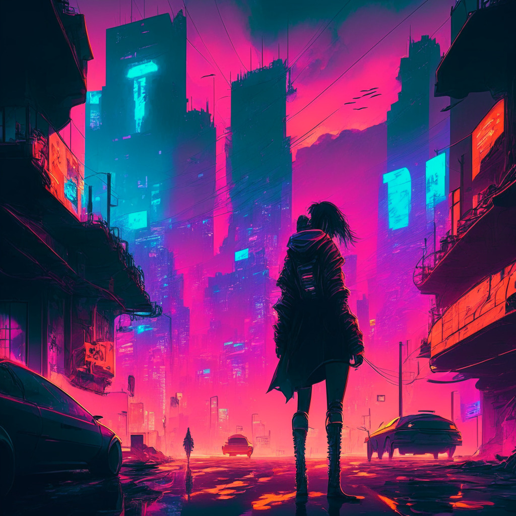 Dystopian San Francisco, Western anime style, gamers in high-stakes tournament, vivid colors, dynamic action, glowing neon contrasts, moody dusk atmosphere, cyberspace elements, digital collectibles as NFTs, Web3 technology influence, edge of darkness and hope, evolving entertainment landscape.