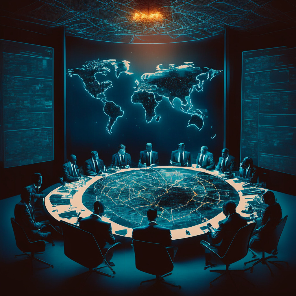 Cryptocurrency regulation meeting, global map, diverse leaders discussing, intricate web of connections, low-lit room, chiaroscuro effect, sense of urgency, contrasting traditional and digital assets, tension between innovation and control, cooperation and coordination theme, subtle color palette.