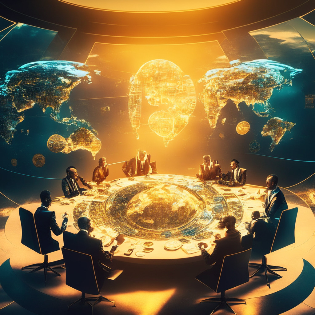 Futuristic, global regulatory scene, diverse officials discussing around a holographic table, map of world in background, digital crypto coins scattered, golden hour light, Baroque style, dynamic composition, sense of optimism & caution, focus on collaboration & adaptive regulation. (349/350)