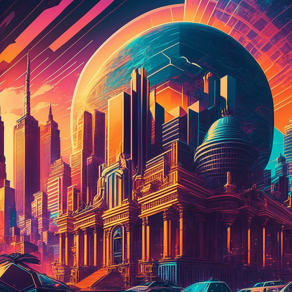 Intricate cityscape with diverse global influences, Argentine central bank, French Senate, Nigerian SEC, US national standards strategy, North Carolina House, Montana crypto mining law, sunset skyline, futuristic architecture, vibrant colors, dynamic lighting, mood of progress and unpredictability, visualizing worldwide crypto regulations.