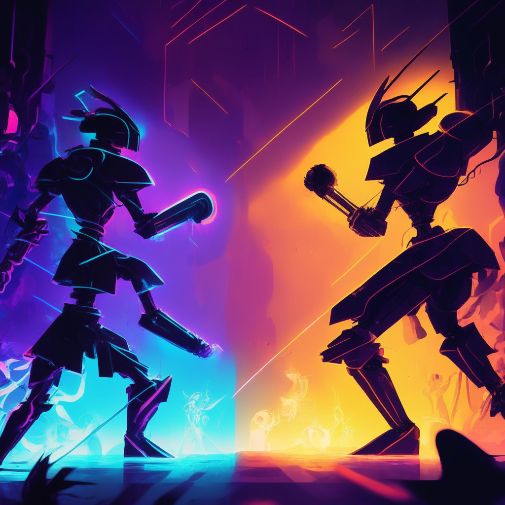 AI chatbot rivalry scene, Google Bard vs OpenAI ChatGPT, futuristic arena, intense mood, contrasting colors representing each bot, neural network background, dusk lighting setting, glowing code fragments, artistic cubism style, subtle glows around chatbots to depict power, balanced composition, highlighting the spirit of competition & innovation.