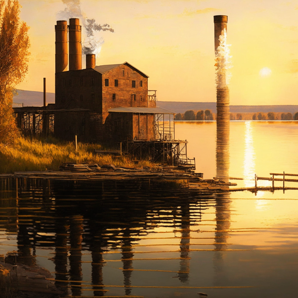 Rustic power plant on Seneca Lake's shore, warm golden sunlight, locals stand united with a touch of impressionism, mood of harmony and acceptance, heated debate dissipates into calm understanding, reflection on water symbolizing complex realities, contrasting hues representing nuanced perspectives, serenity overcoming past misconceptions.