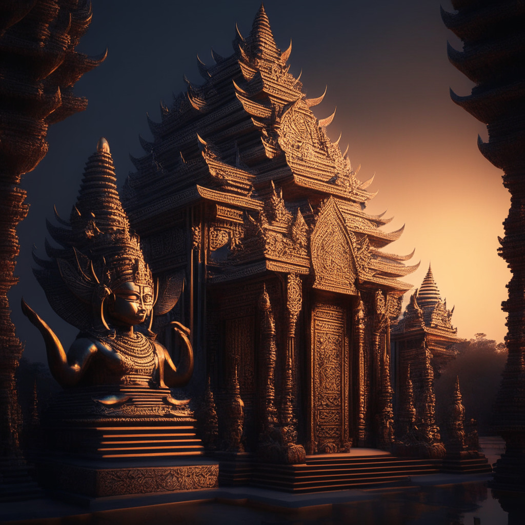 Ancient Thai temple incorporating crypto elements, evening glow, neoclassical and futuristic fusion, subtle coin motifs, metallic color palette, reverent atmosphere, juxtaposition of tradition & innovation, mood of cautious optimism, shadows hinting at regulatory uncertainty, blockchain patterns as intricate carvings.