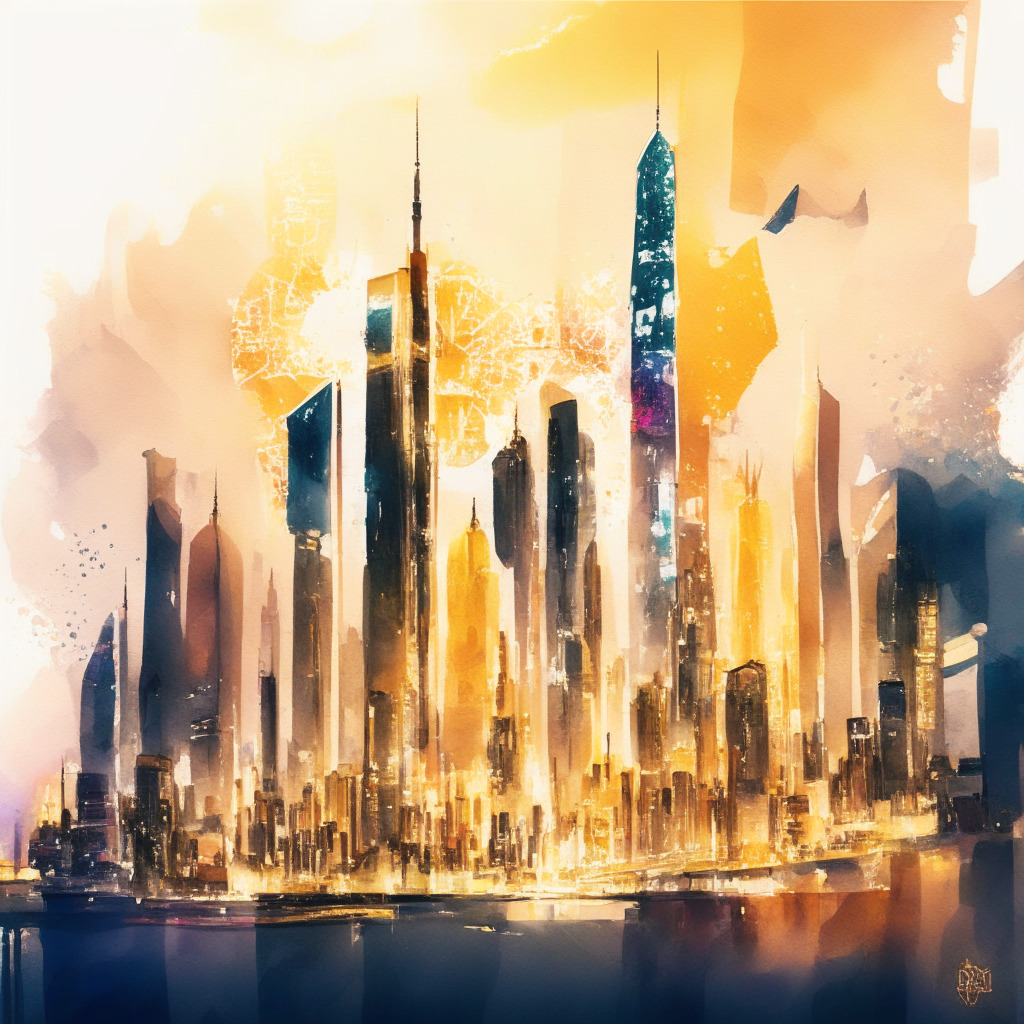 Futuristic cityscape with intertwined flags of Hong Kong and UAE, financial district skyline, virtual currency symbols hovering, warm golden lights, watercolor brush strokes, lively atmosphere, sense of collaboration, innovation and growth, shifting global financial landscape, gentle contrast.