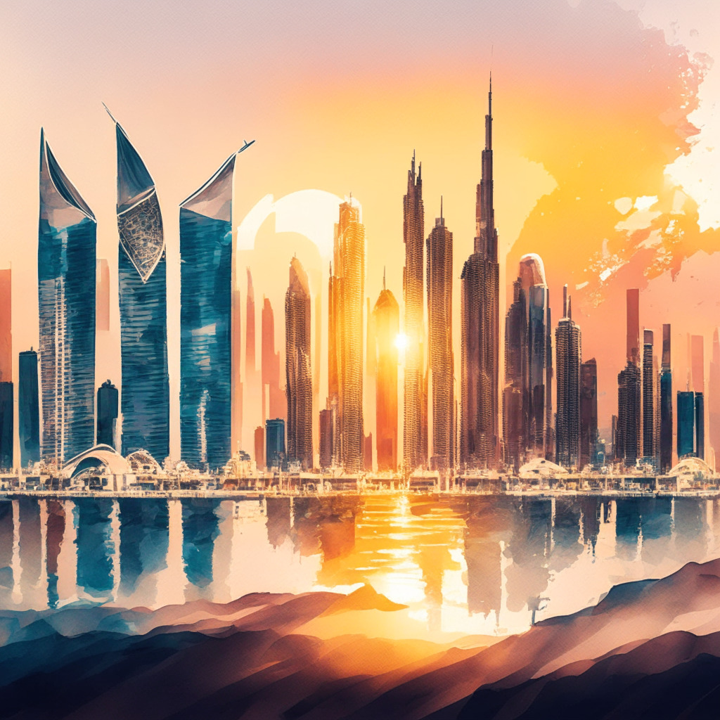 Central banks partnership scene, HKMA & CBUAE officials meeting, Abu Dhabi skyline, financial sector collaboration, DeFi & Web3 hub ambition, contrasting crypto atmospheres, futuristic digital cityscape, warm sunset lighting, soft watercolor style, mood of innovation & growth, potential regulatory challenges & harmony.