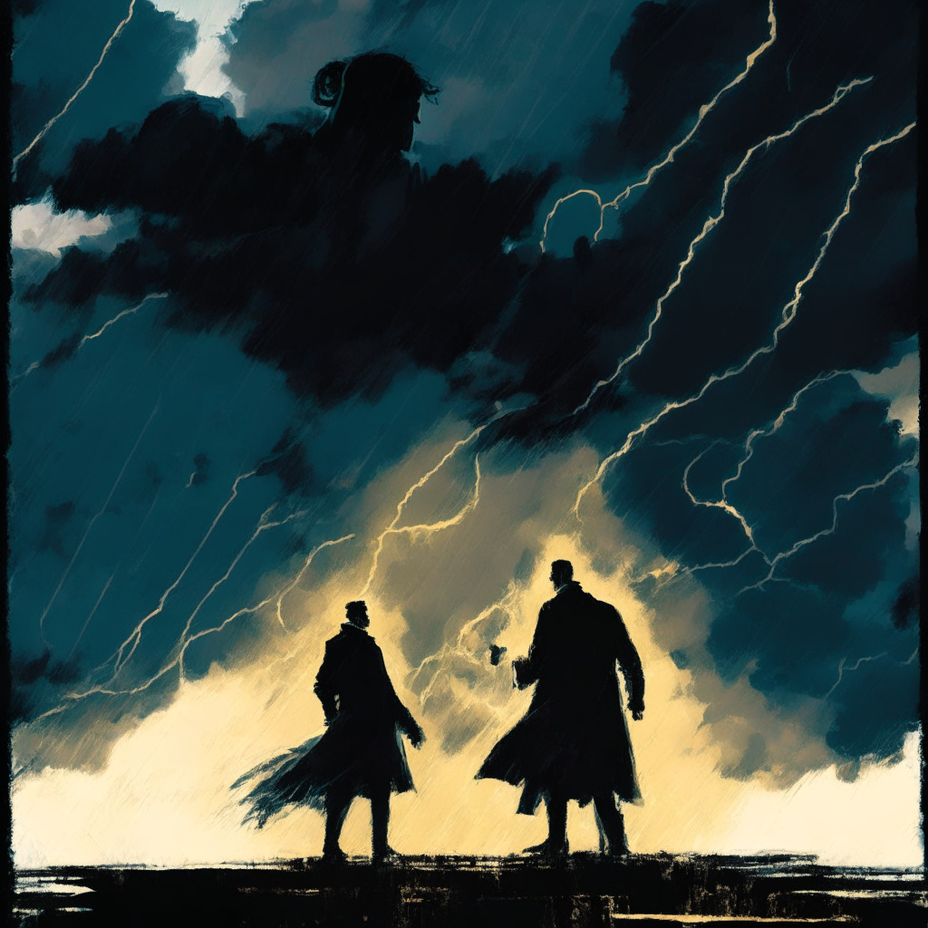 Dramatic scene of two silhouetted figures disputing under stormy skies, intricate web of blockchain connections in the background, contrasting warm and cool tones, tense atmosphere, chiaroscuro lighting, impressionist brushstrokes. Scene represents allegations of token controversy, the struggle for justice, and the crypto market's endurance.