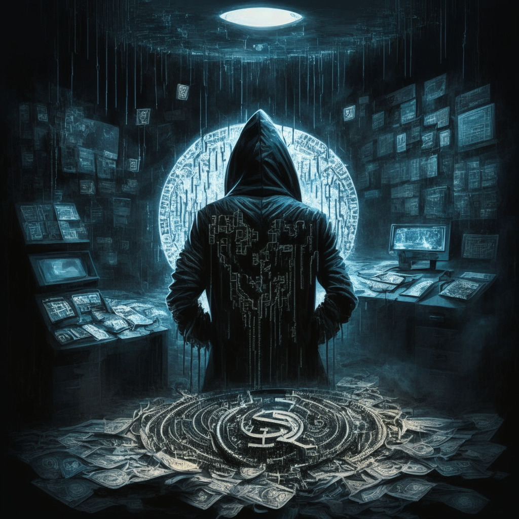 Cybercriminal hijacks, launders funds, returns control, moody chiaroscuro, Tornado Cash mixer, shadowy hacker figure, swirling tokens & ETH, tainted governance system, anxious cryptocurrency atmosphere, hint of redemption, contrast of dark & light, risk & privacy struggle.