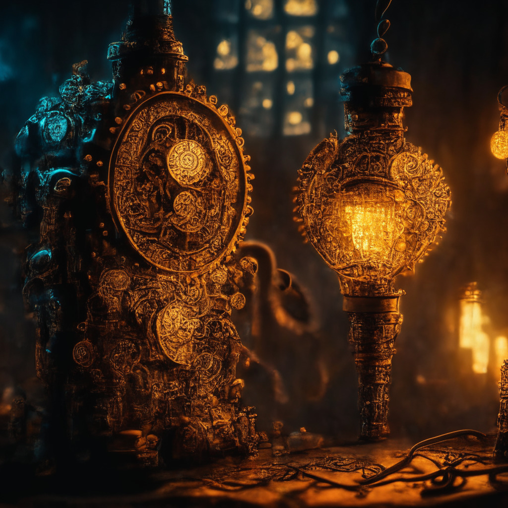 Intricate steampunk handheld device mining bitcoin, warm hues dominating the scene, dark workshop illuminated by antique lanterns, dramatic chiaroscuro emphasizing the gadget's detailed cogs and gears, curiosity and determination filling the air, symbolizing the blend of old-world craftsmanship and modern technology in micro-scale cryptocurrency mining.