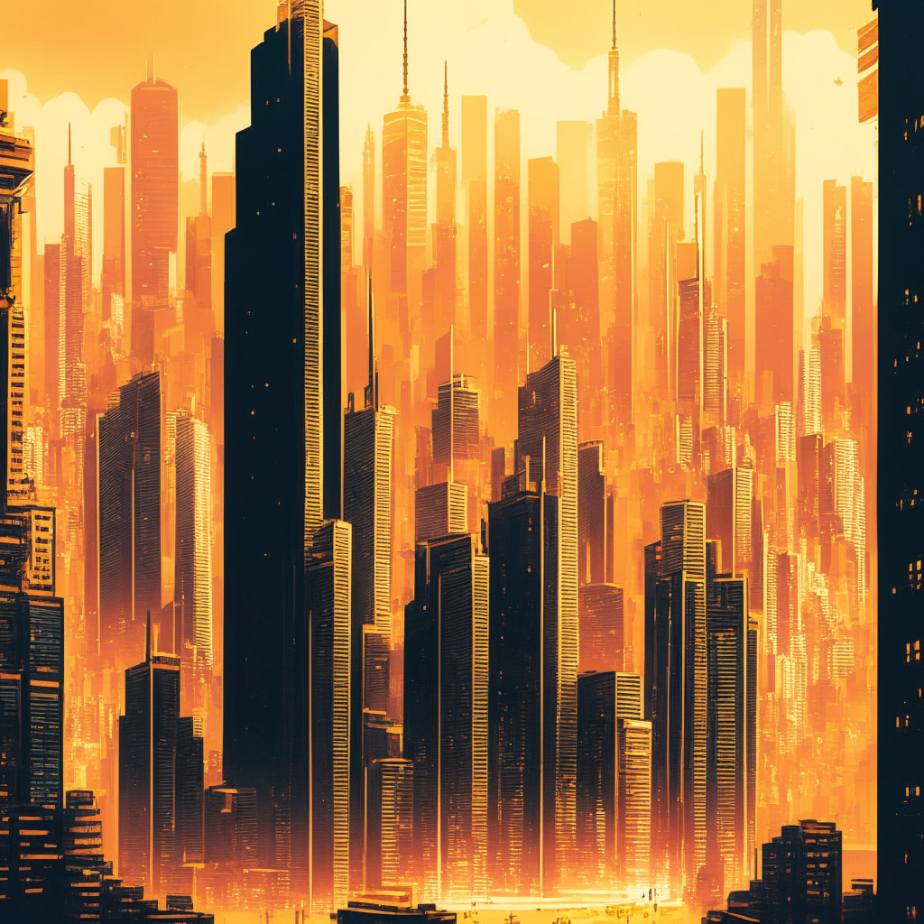 Intricate cityscape of Hong Kong as a thriving crypto hub, glowing digital asset towers, warm golden hues, intense chiaroscuro effects, HashKey Group headquarters in prominence, subtle hints of central bank digital currency, upbeat and progressive atmosphere, modernist-inspired art style, bustling financial establishments in the background, foreground featuring potential challenges and competitors.