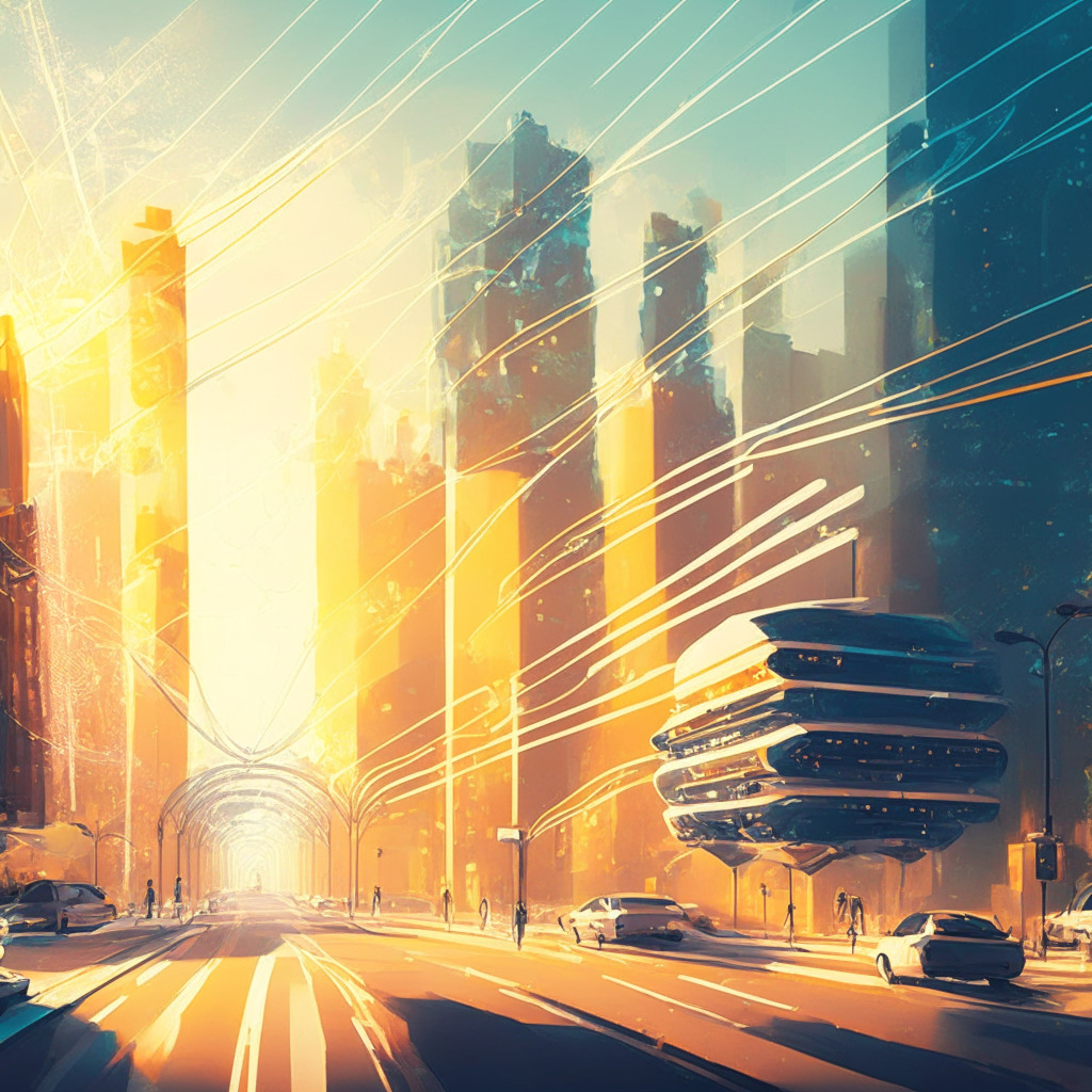 Futuristic cityscape, IoT devices like smart speakers, decentralized wireless networks, Amazon Sidewalk mini mesh networks, interplay of light & shadows displaying interconnectedness, warm tone, vibrant mood, impressionist style, focus on enhanced connectivity & bridging urban-rural divide.