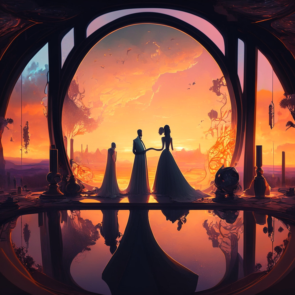 Ethereal, virtual wedding in a Metaverse landscape, warm sunset glow, guests from across the globe connected, contrasting with a darker scene of divorce, a couple examining hidden BTC assets, a blend of hope and deception. A fluid, surrealist art style reflects the dual nature of technology.