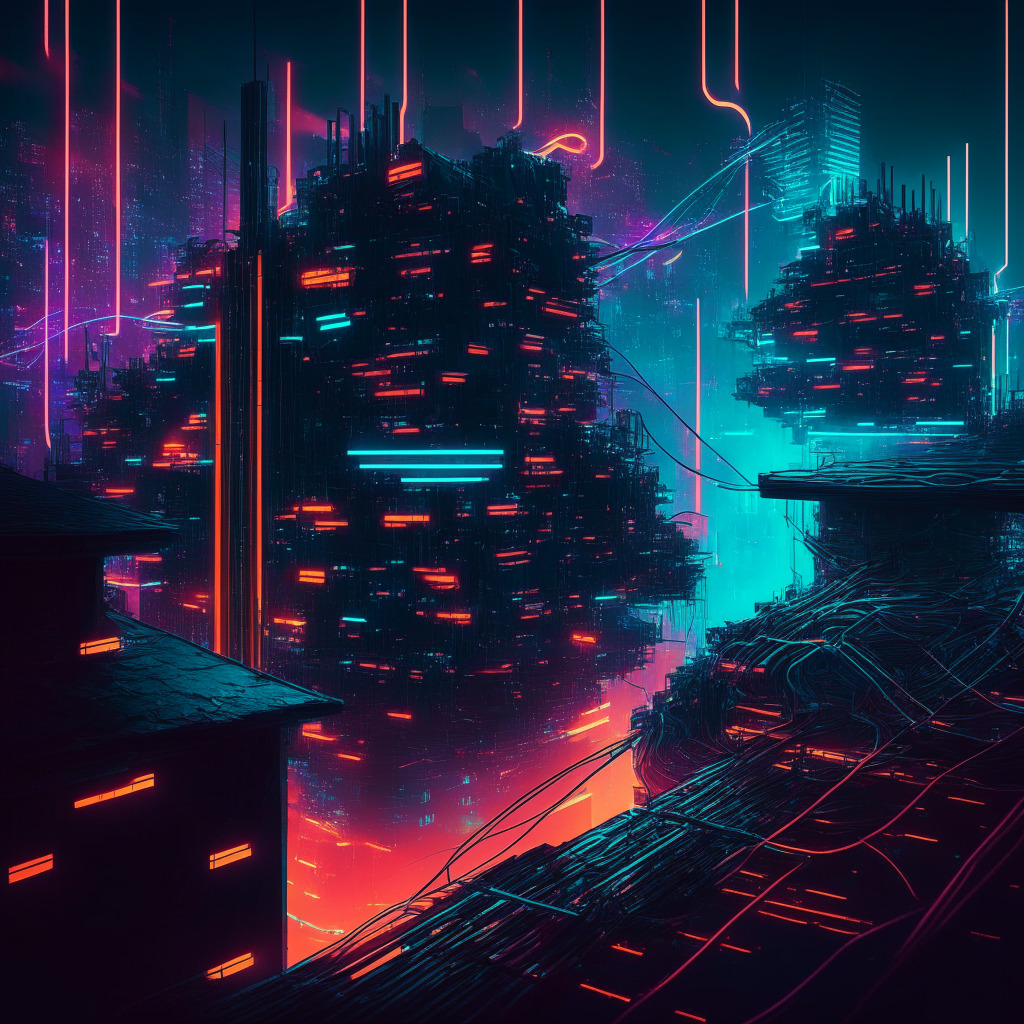 Intricate cyberpunk cityscape, network nodes glowing in neon, contrasting shadows and soft light, Layer-2 technologies symbolized by transparent bridges, hint of tension, somber mood reflecting decentralization dilemma, rays of hope from emerging solutions.