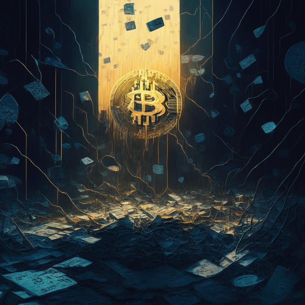 Cryptocurrency chaos, mempool congestion, high transaction fees, Ordinals protocol, NFT-like assets on Bitcoin blockchain, BRC-20 tokens, UniSat Wallet, evening light casting shadows, subtle dystopian art style, underlying tension and confusion, mood of uncertainty, resilient cryptocurrency values.