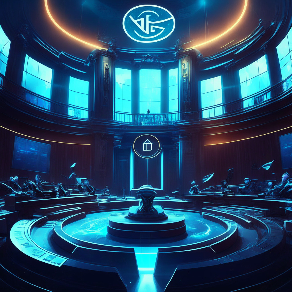 Futuristic courtroom scene, Ripple Labs vs SEC, balanced scales, Ripple & ETH coins on either side, triumphant & defeated mood, intense spotlight on Hinman documents, chiaroscuro lighting, Baroque ambience, labyrinth of digital asset regulations, stormy & calm duality, global implications, vibrant colors for impact, 350 characters.