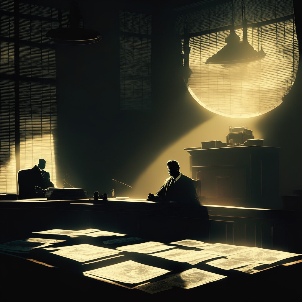 Atmospheric courtroom scene in chiaroscuro lighting, Ripple vs. SEC lawsuit, shadowy figure of attorney John Deaton, glowing documents on a table, tense mood with hints of hope, clock symbolizing time elapsed, digital currency elements artistically woven, air of anticipation for summary judgement.