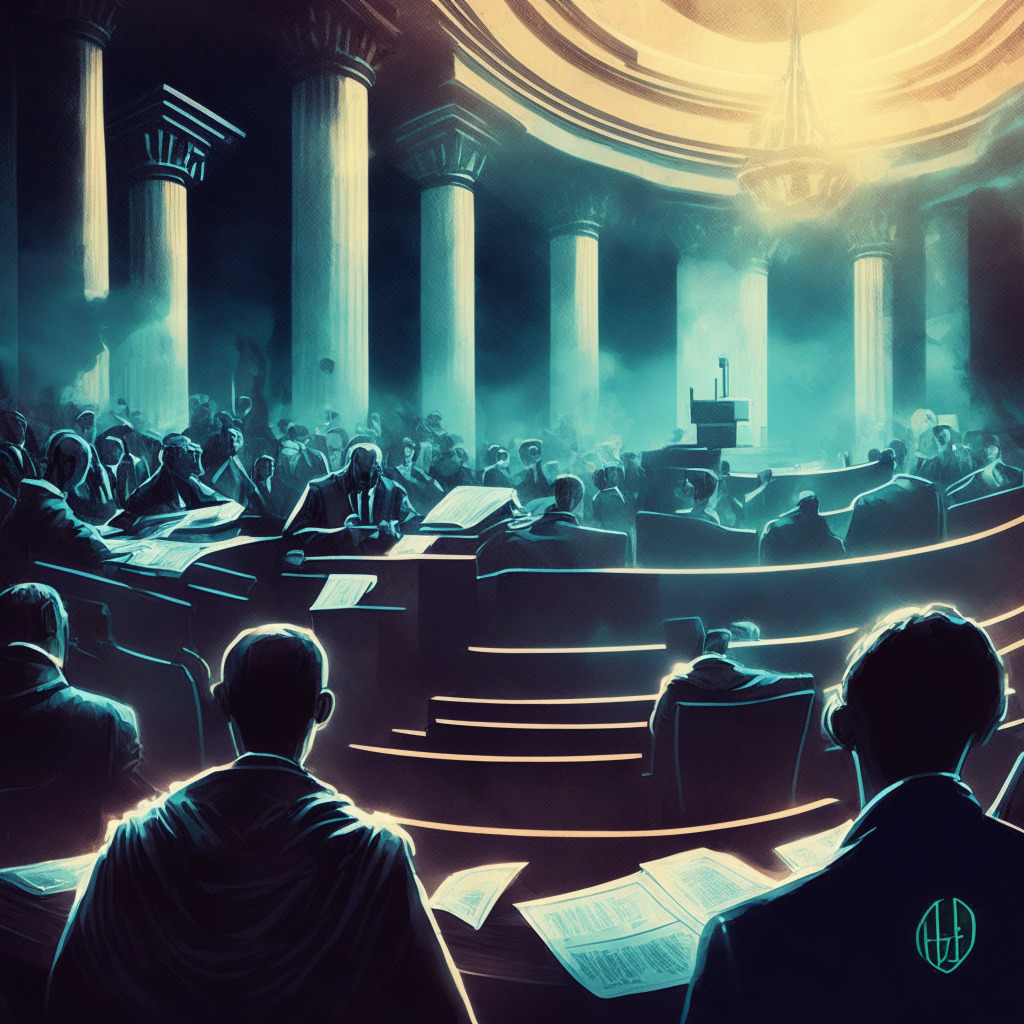 Cryptocurrency courtroom scene, Ripple vs SEC, dramatic lighting, intense atmosphere, digital currency symbols, conflicting viewpoints, regulatory uncertainty, official documents unsealed, blurred text, Ethereum not a security controversy, neutral artistic palette, anxious crypto market waiting, cautious investors.