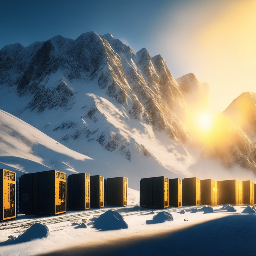 Crypto mining facility amidst snowy mountains, 6 exahash/sec on display, warm glow of operating mining rigs, long shadows, golden-hour lighting, lively atmosphere, agents facilitating share offerings, ethernet cables winding through complex machine network, fog of optimism enveloping the industry, sense of anticipation, no logos.