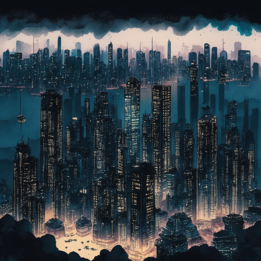 Aerial Hong Kong cityscape at dusk, Chinese state-affiliated banks in foreground, contrast between illuminated skyscrapers and dark Shanghai skyline, watercolor style, cool tones, tense atmosphere, intricate traditional Chinese motifs, hint of digital blockchain patterns, depiction of the difference in crypto adoption between Hong Kong and mainland China.