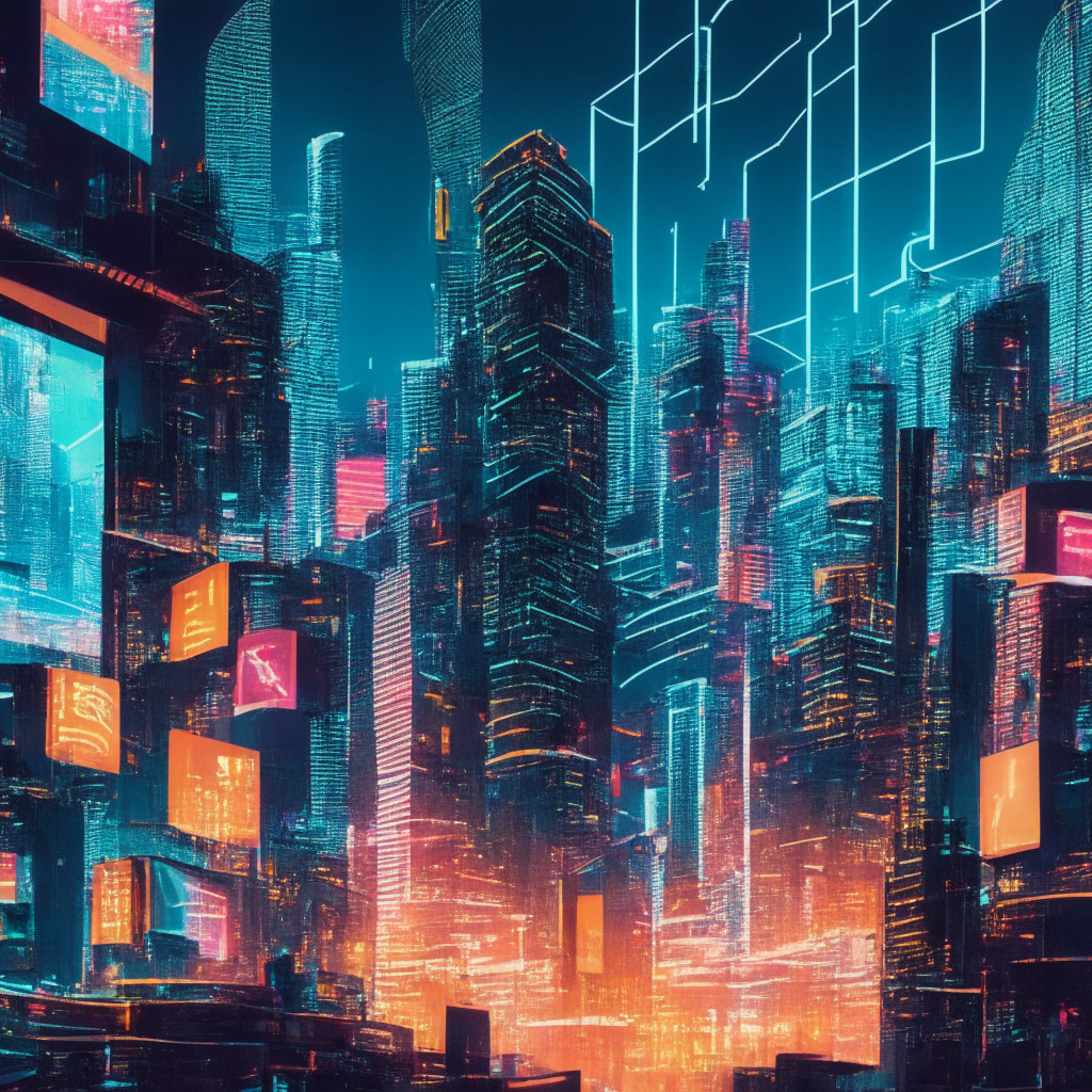 Intricate cityscape of Hong Kong, bustling with fintech startups, glowing neon billboards reflecting cryptocurrency symbols, contrasting light and shadows, tension of innovation vs. regulation, dynamic atmosphere of crypto companies maneuvering through banking challenges, artistic nuance of optimism intermingled with uncertainty, modern and futuristic aesthetics.
