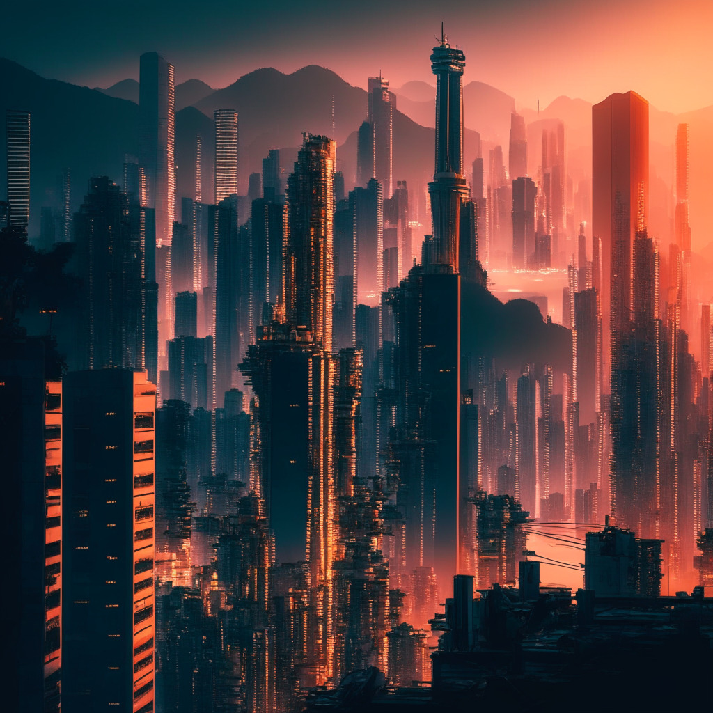 Hong Kong crypto expansion, China censorship, bustling virtual trading scene, intricate cityscape at dusk, contrasting warmth & cool tones, shadows of tall skyscrapers, underlying tension, lively market, glimpse of virtual bank, hopeful & uncertain mood.
