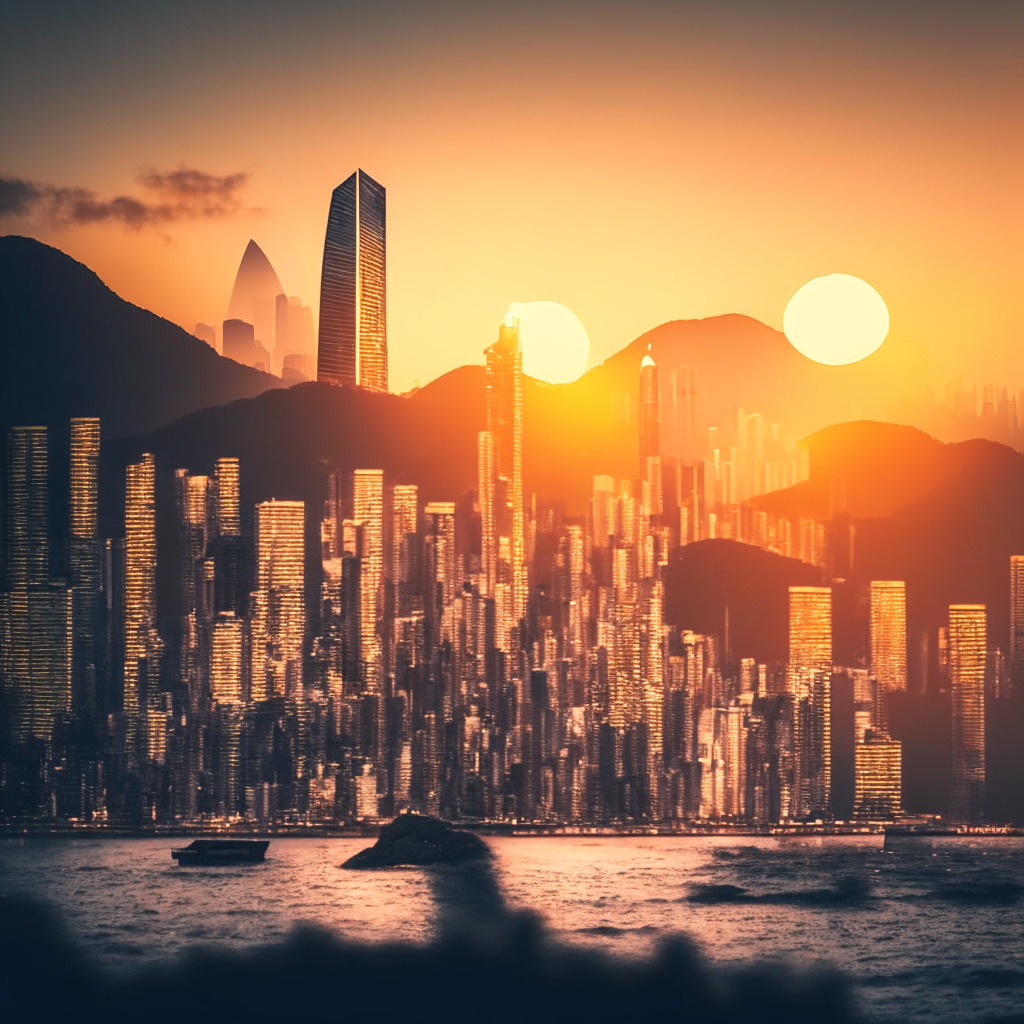 Hong Kong skyline with diverse investors, crypto trading on screens, urban backdrop, sun setting, warm muted tones, sense of opportunity, excitement & risk, Ethereum & Bitcoin symbols tastefully incorporated, cautious optimism, intertwining traditional finance and digital assets.