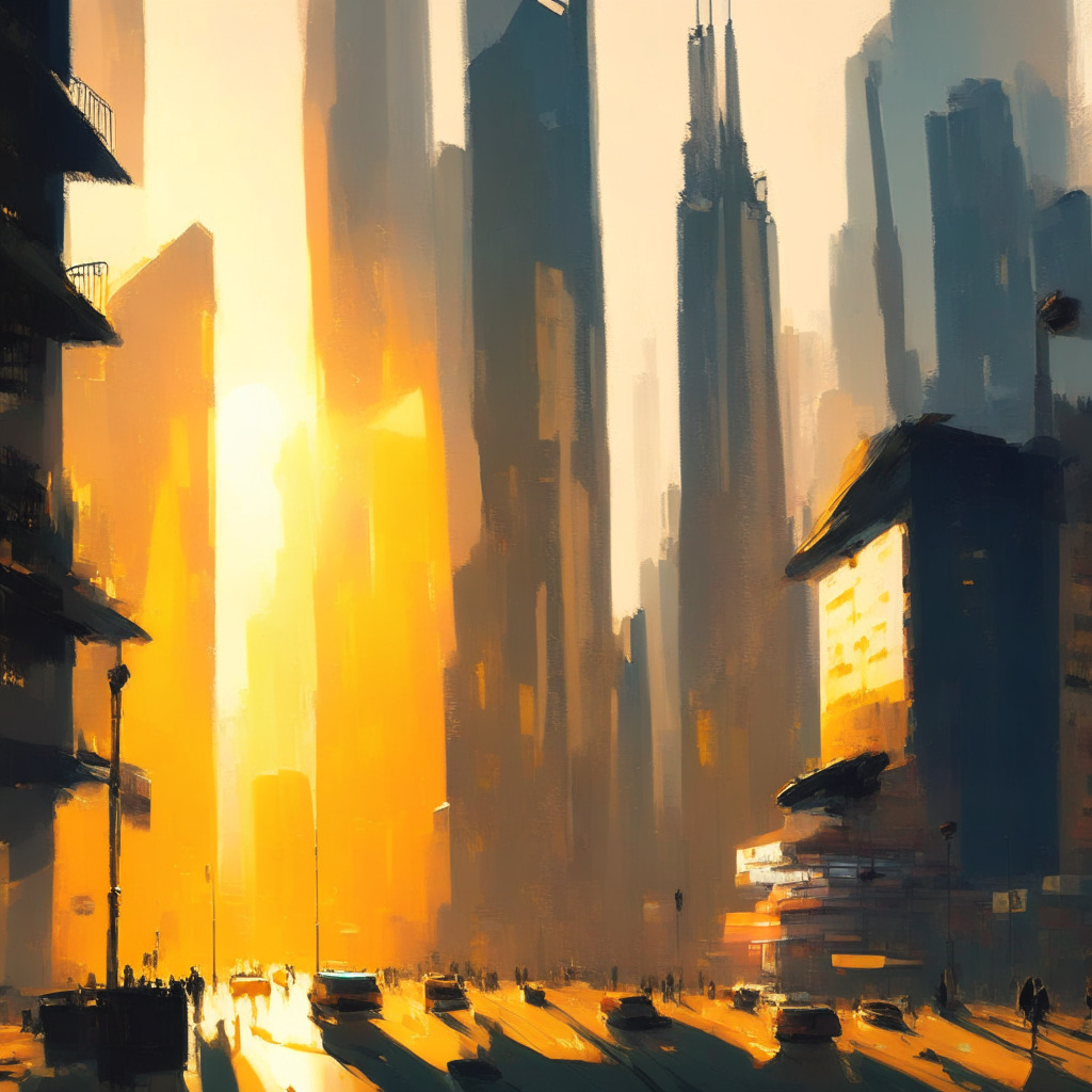 Hong Kong cityscape with futuristic architecture, bustling financial district, and crypto exchanges, warm golden-hour light, impressionistic brushstrokes convey excitement and anticipation, contrasting shadows represent balance between innovation and regulation, atmosphere of opportunity and caution.