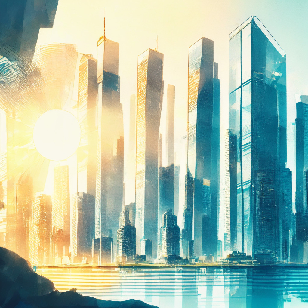 Hong Kong skyline with futuristic financial buildings, SFC consultation in progress, crypto coins such as BTC, ETH, LTC, BCH, highlighting top digital assets, warm sunlight reflecting on glass, watercolor art style, balanced composition, morning light, mood of cautious optimism, debate over crypto regulations visible.