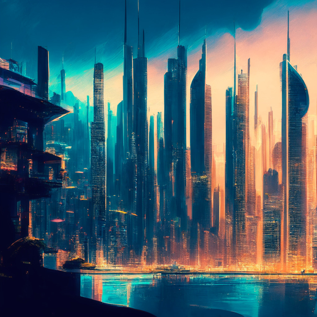 Futuristic cityscape merging Hong Kong & UAE, vibrant crypto coins, abstractions of regulations, warm lighting, Impressionist style, lively atmosphere, financial executives discussing, cross-border trade, balance of innovation & investor protection, chiaroscuro for sector challenges & opportunities.