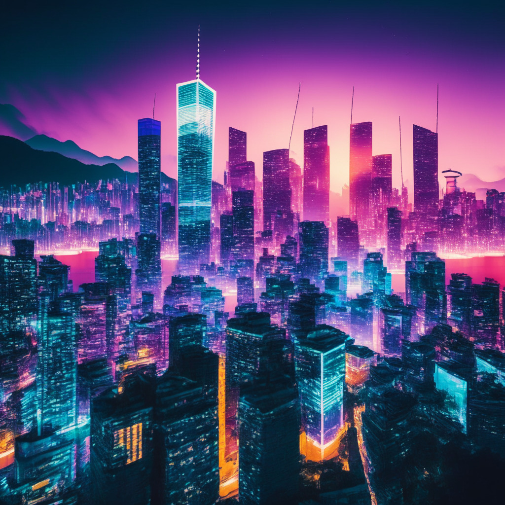 Hong Kong crypto hub skyline at dusk, HashKey Group's unicorn valuation, vibrant colors reflecting the boom, futuristic Web3 infrastructure, soft glowing light symbolizing innovation, executives from various exchanges seeking licenses, retail investors trading large-cap tokens, digital asset firms expressing interest, supportive Chinese state-owned banks in the scene, dynamic atmosphere showcasing growth and optimism.