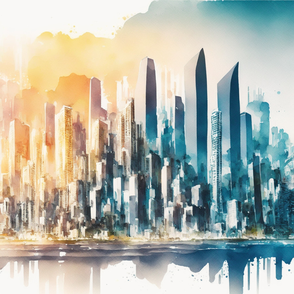 Hong Kong crypto hub potential, HashKey Group's fundraising, city skyline with digital elements, early evening light, watercolor style, an atmosphere of cautious optimism, subtle blend of traditional and modern architecture, regulatory framework depicted as intertwining structures, dynamic crypto-industry environment, balance between growth and investor protection.