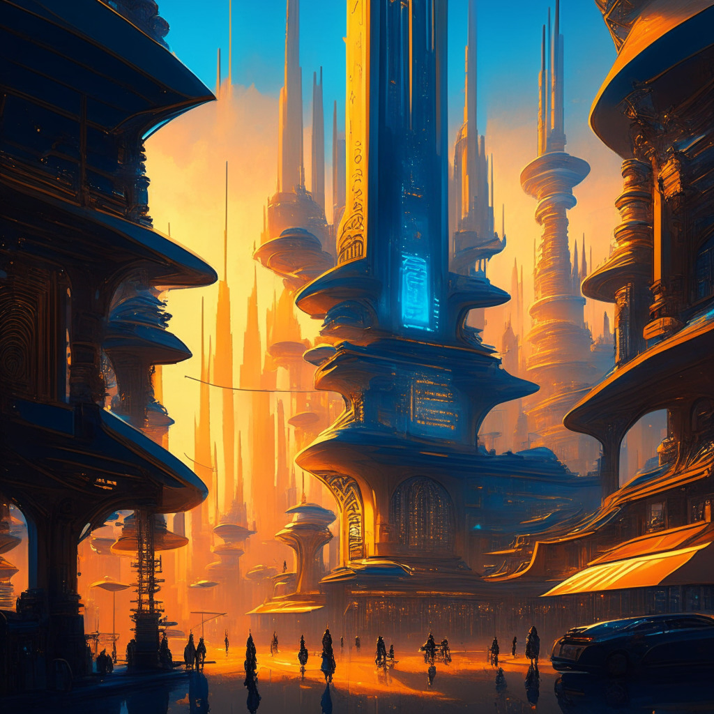 Intricate cityscape with futuristic architecture, bustling marketplace, dynamic crypto trading environment, warm golden and blue hues, low-angle twilight, merging traditional Asian art and cyberpunk style, serene yet energetic atmosphere, emphasis on the balance between innovation and regulation.