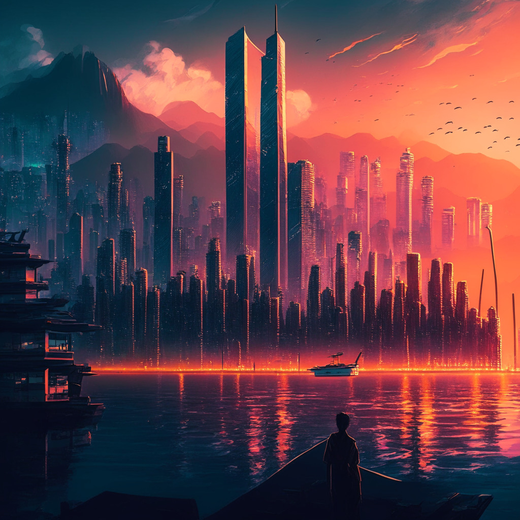 Futuristic Hong Kong cityscape, crypto trade buzz, Chinese coins emerging, calm sunset skyline, ripple participating in e-HKD Pilot, hint of potential regulatory pushback, market sentiment fluctuations, balance between benefits and risks, cautious optimism, digital painterly style.