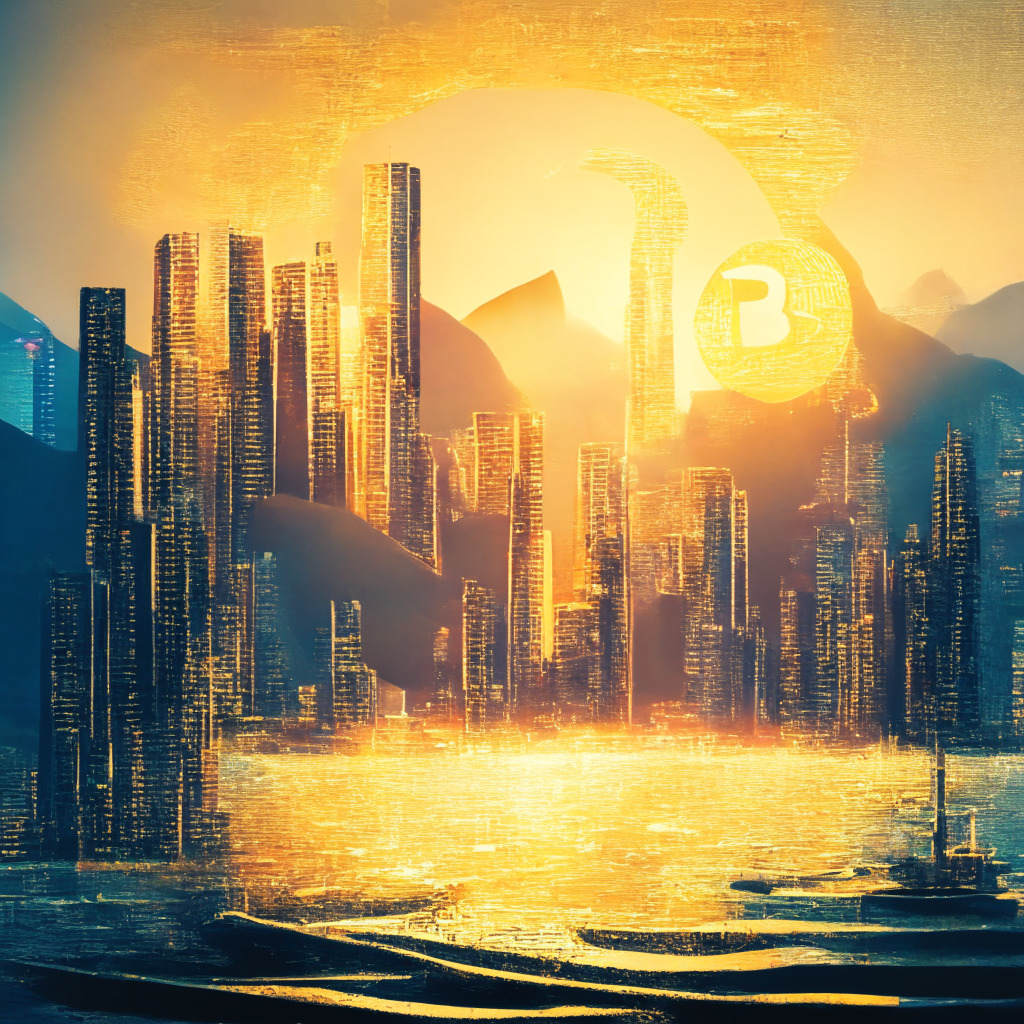 Hong Kong skyline at dusk, Bitcoin and altcoins floating above city, soft golden light casting long shadows, impressionist style, vibrant colors, hints of optimism and caution interwoven, central focus on cryptocurrencies CFX, COPIUM, NEO, AI, KAVA, SPONGE, ECOTERRA, swirling, surreal atmosphere representing market volatility, subdued celebration of rule change.