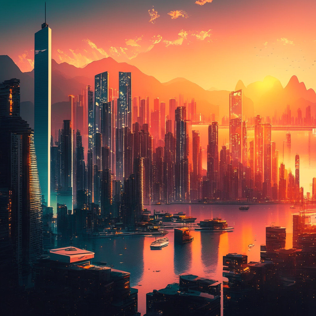 Hong Kong cityscape with futuristic crypto trading platforms, glowing sunset, sleek urban design, warm-toned sky, friendly regulators, cautious optimism, diverse tokens, transparent exchanges, and diligent operators, immersed in a harmonious blend of regulation and innovation.