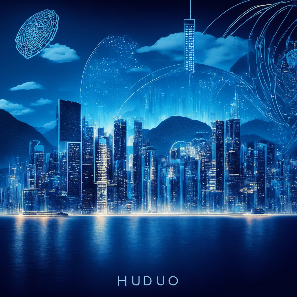 Hong Kong skyline with futuristic crypto-themed designs, Huobi's role in expansion highlighted, soft ambient lighting to symbolize growth and progress, an array of digital coins to represent diverse crypto ecosystem, authoritative presence of HK Securities Regulatory Commission, hues of optimism and regulatory compliance, secure and thriving virtual asset environment.
