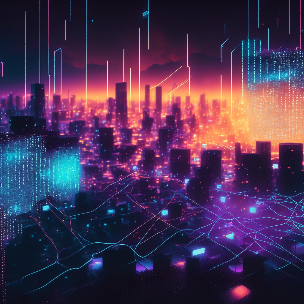 Futuristic blockchain cityscape at dusk, glowing nodes interconnected with vibrant sidechains, separate but secure, rays of light symbolizing upgrade, blending cyberpunk aesthetic, muted colors hinting anticipation. Artistic representation of Horizen network, subtle excitement, progress unfolding.