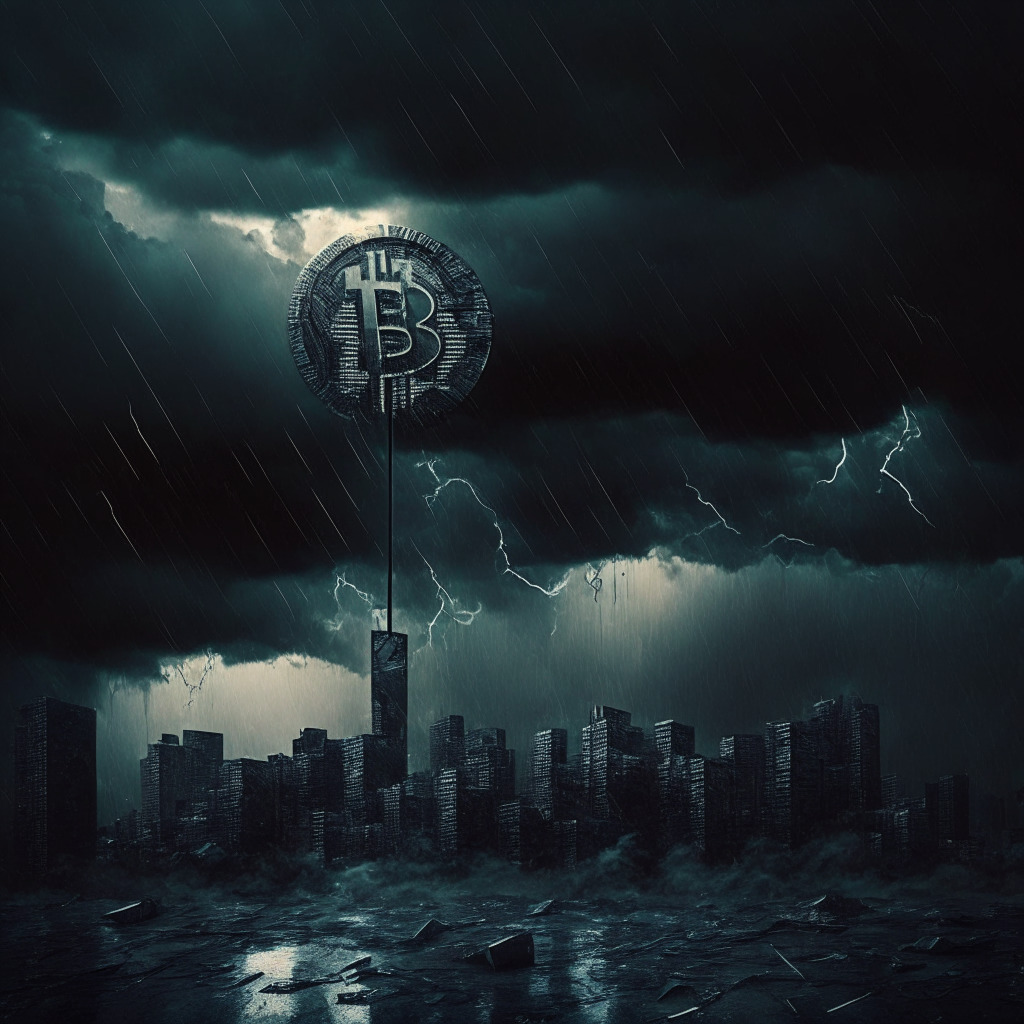 Cryptocurrency exchange closure, dark ominous atmosphere, waning sunlight veiled by storm clouds, gloomy cityscape, digital currency symbols fading away, contrasting centralized and decentralized platforms, evolving crypto landscape, an undercurrent of uncertainty and transformation.