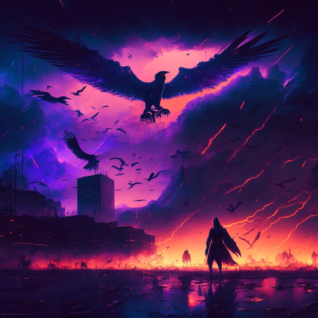 Twilight-lit crypto exchange battlefield, centralized vs decentralized pathways, a phoenix rising from Hotbit's ashes, moody atmospheric hues, cyber attack storm clouds, vibrant contrast between security & regulation, harmonized balance, evolving crypto infrastructure, vigilant figures standing guard.