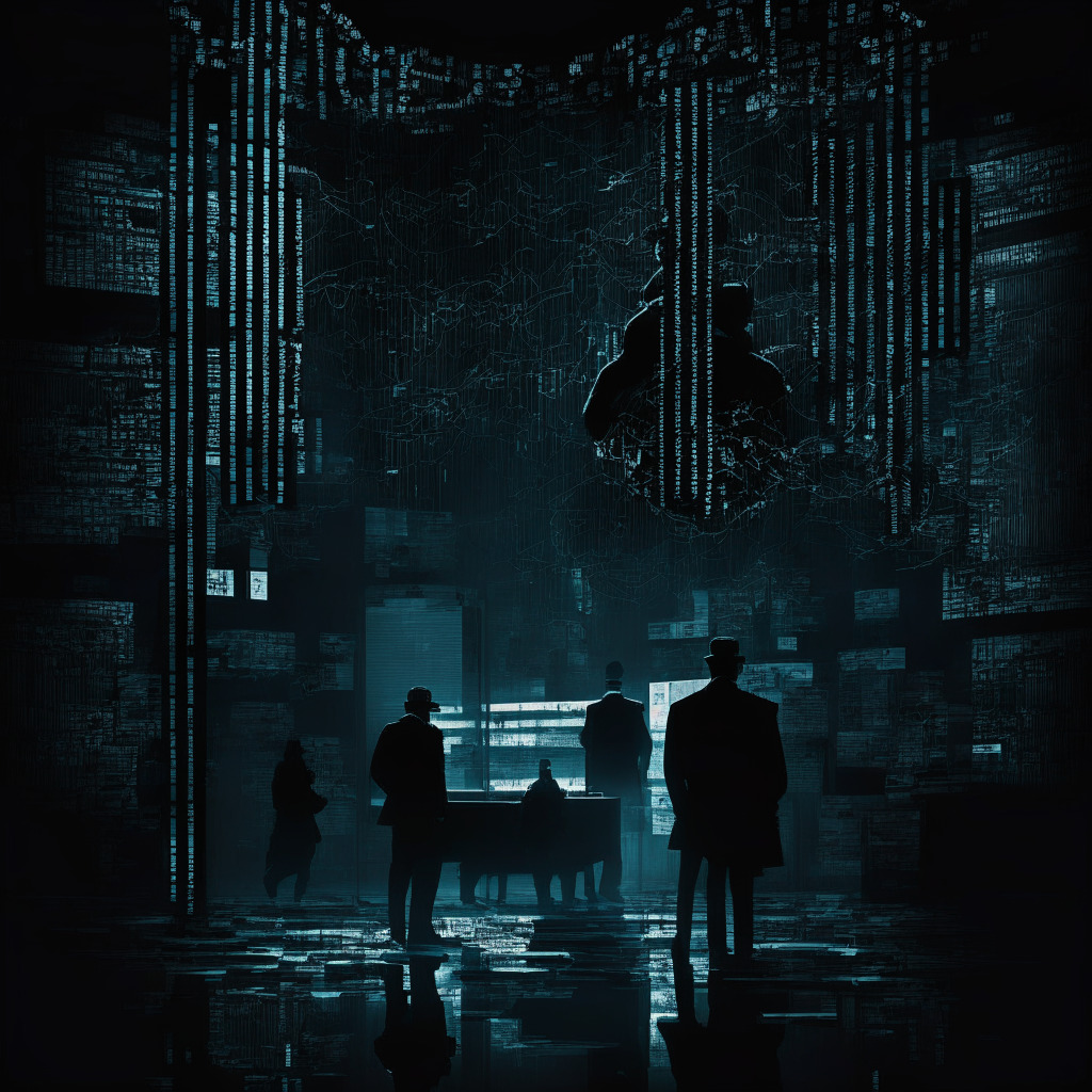 Intricate blockchain scene, IRS seizing digital assets, dark moody atmosphere, tech-noir style, contrast between law enforcement and cryptocurrencies, silhouettes tracking and analyzing data, dynamic yet mysterious lighting, underlying tension and determination.