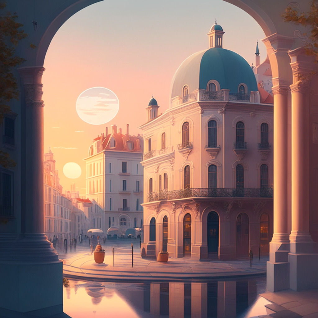 A serene European cityscape with traditional architecture, a digital currency motif floating above, soft pastel hues, warm, inviting glow of evening light, cautious optimism in the air, incorporating elements of privacy, financial inclusion, and innovation, subtle hints of traditional & modern fusion.