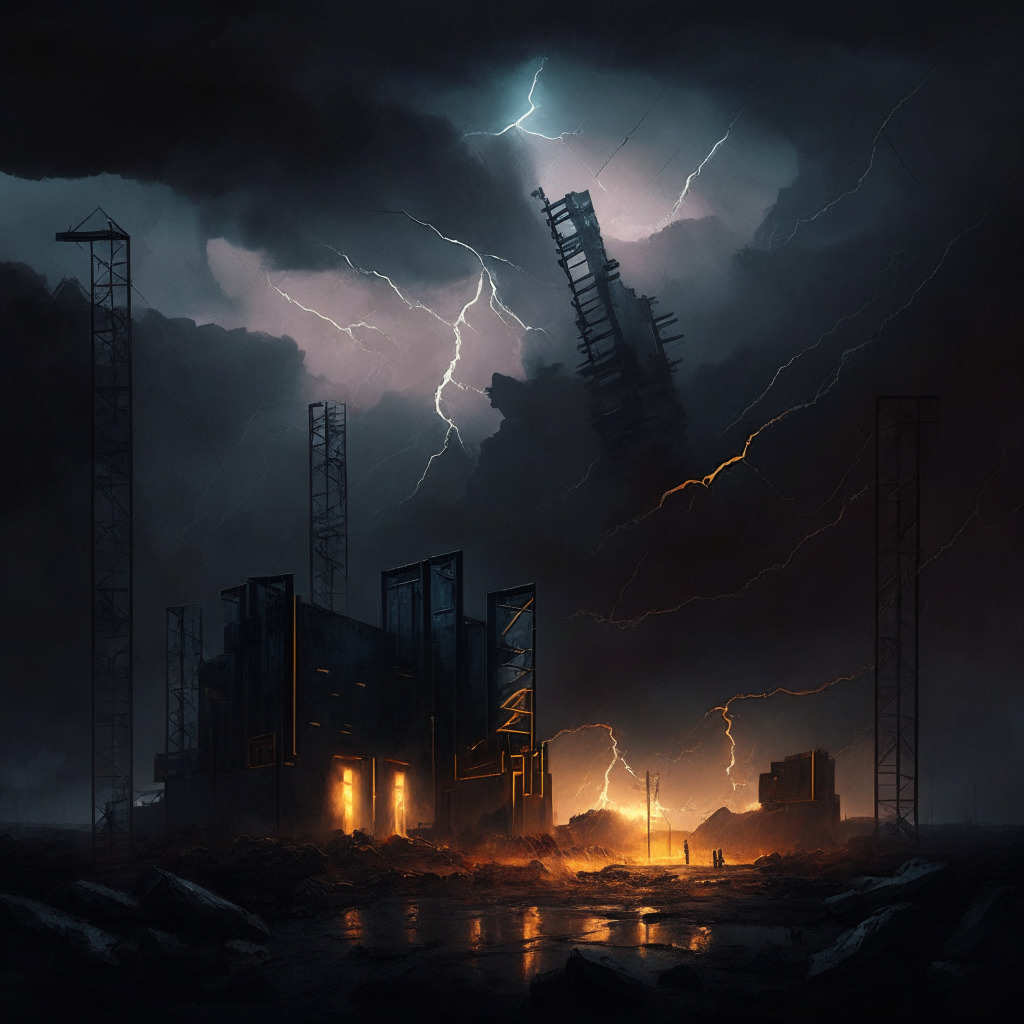 Cryptocurrency mining facility, energy dispute, technical difficulties, lightning striking machinery, moody atmosphere, dark clouds, dim sunset, hopeful merger on horizon, symbolic handshake between Hut 8 Mining and USBTC, chiaroscuro style, tension and anticipation, path to recovery in distance.