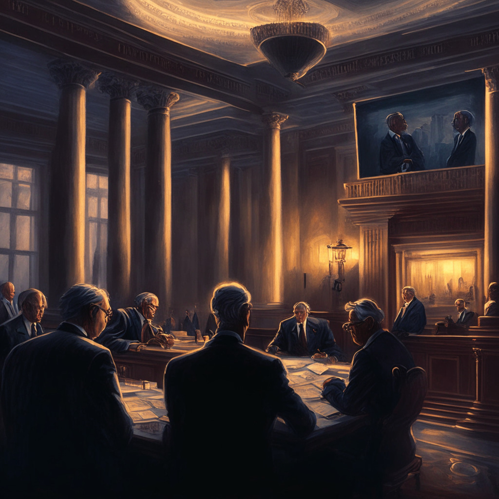 Intricate central bank scene, oil painting style, dusk lighting, sophisticated mood: Federal Reserve building, officials discussing interest rate hikes, IMF Managing Director advising debt regulation, subtle signs of inflation control, crypto market fluctuations, shadow of debt ceiling agreement.