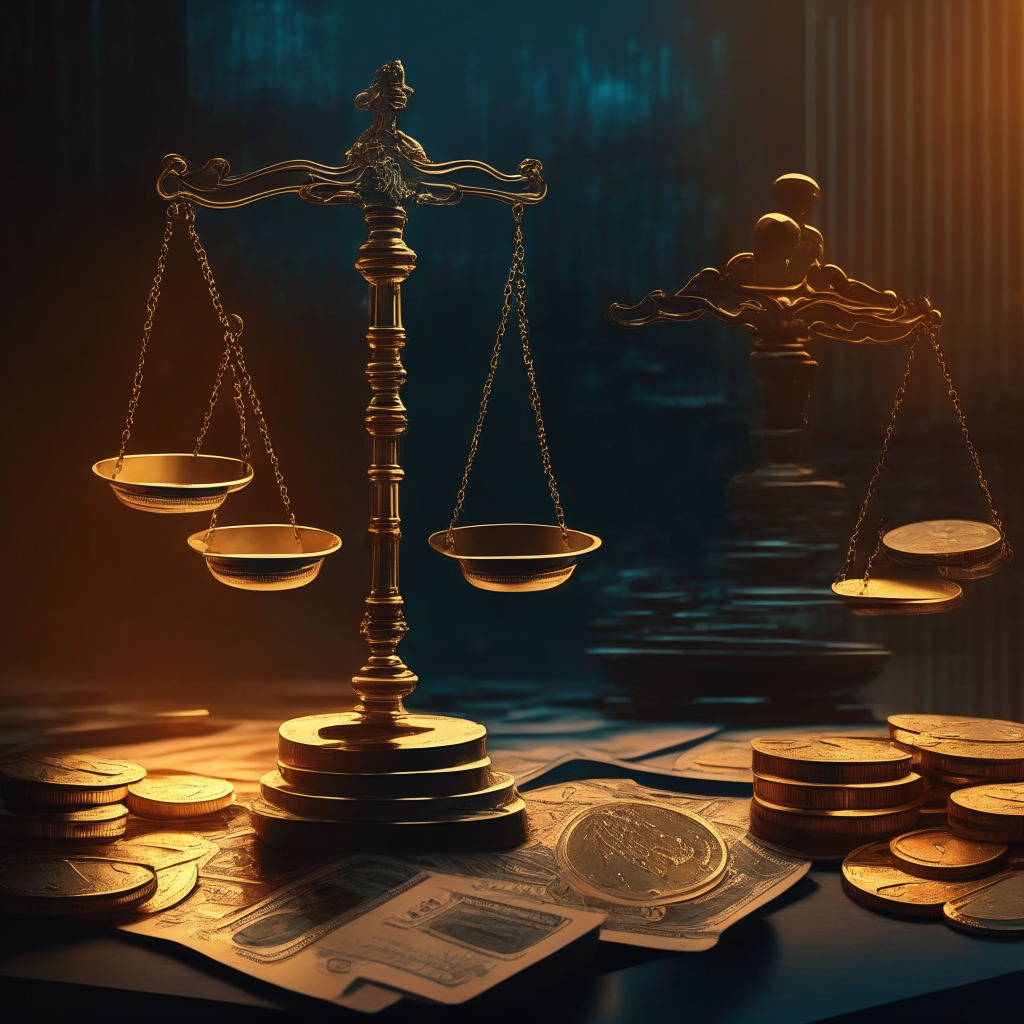 Cryptocurrency exchange, scales of justice, IRS agent examining records, worried investor, courtroom background, golden coins, balancing privacy and regulation, dusk light setting, subtle anxiety, contrasting bold and muted colors, mood of tension and uncertainty, digital era legal battle.