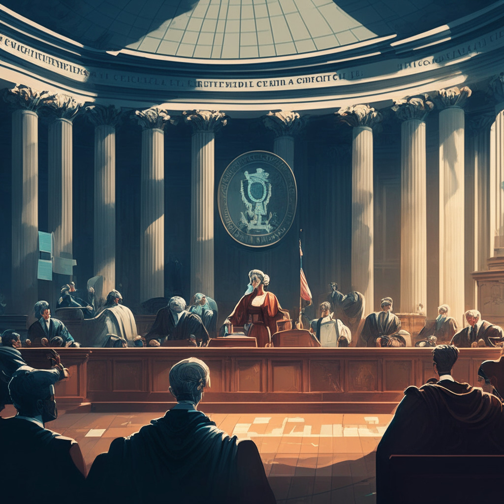 Cryptocurrency regulation vs privacy, intricately detailed courtroom scene, central figure: federal judge, a mix of satisfied and skeptical individuals, muted color palette, soft lighting, neoclassical artistic style, mood: tension and debate, digital assets symbolized in background.