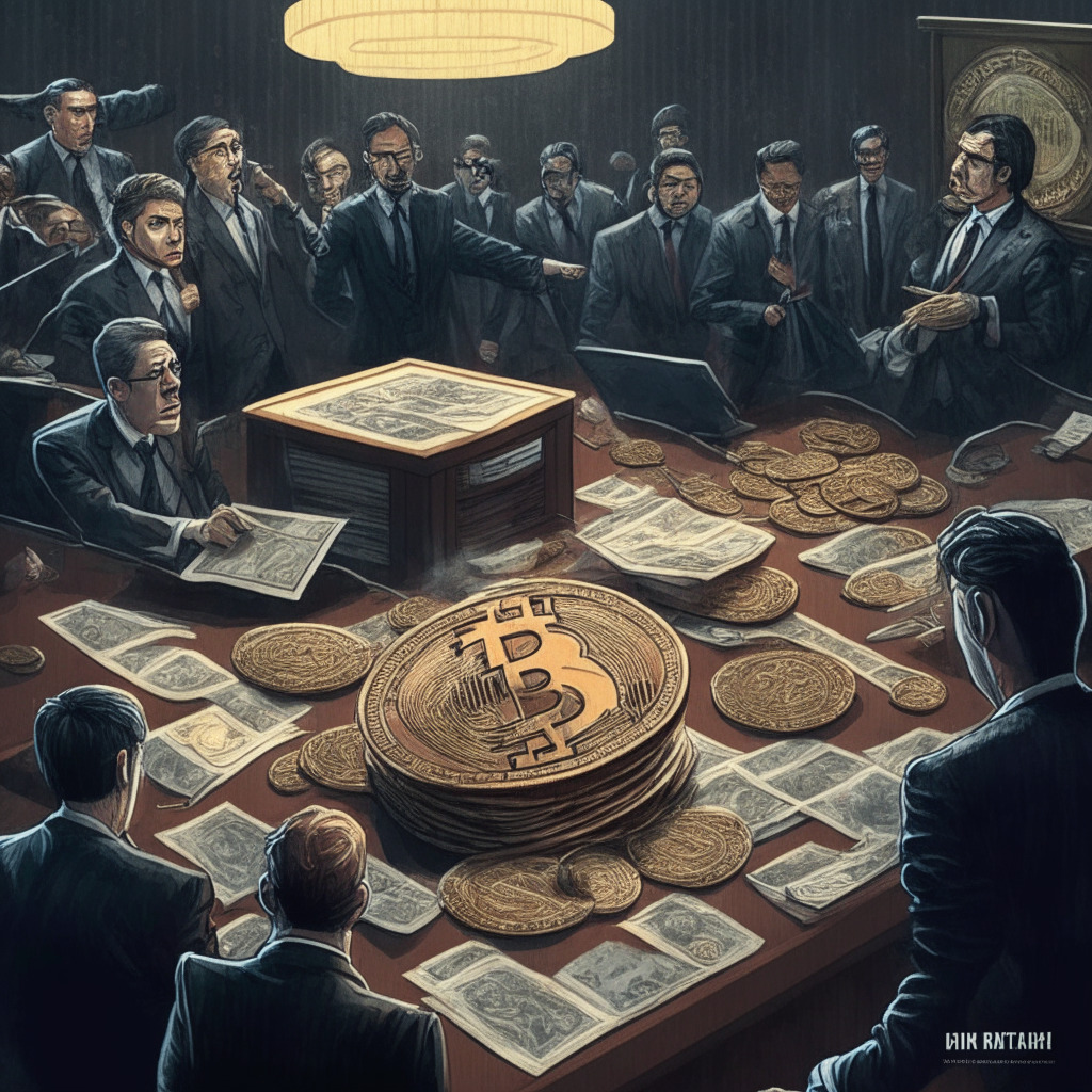 Intricate, high-stakes legal dispute, gloomy atmosphere, cryptocurrency exchange bankruptcy, IRS demanding $44 billion, worried creditors, Hong Kong trading firm, worldwide tax obligations, partnership taxation concept, soaring meme token, tense relations, international legal proceedings, potential consequences for parties involved.