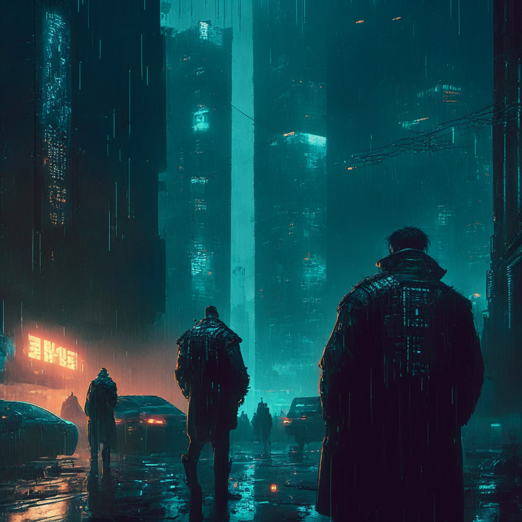 Dystopian cyberpunk cityscape, dimly lit, IRS & Chainalysis united against crypto-evasion, shadowy Russian oligarchs scheming, digital forensic tools illuminating dark corners, global economy security reinforced, determined Ukrainian cyber police tracing blockchain, mood of determination & resilience.