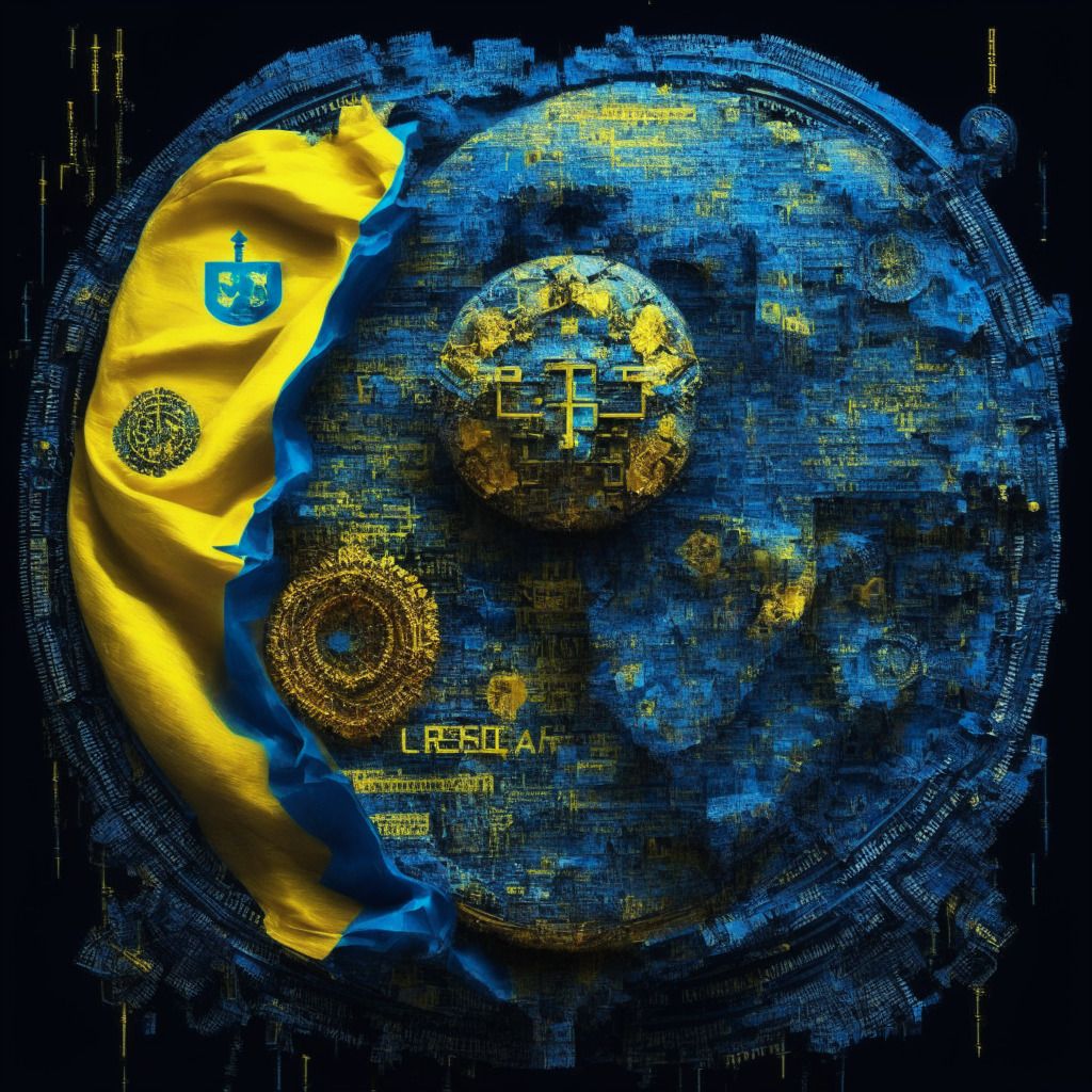 Globally united IRS & Ukraine against crypto fraud, intricately tracing blockchain transactions, crackling light of cyber investigations, artistic blend of technology & traditional methods, somber financial integrity mood, preserving economic balance, fostering cryptic innovation.