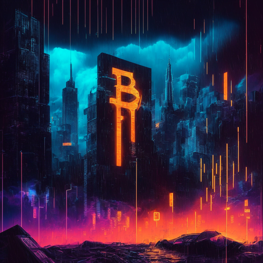 Intricate cyberpunk cityscape, Bitcoin symbol in neon lights, uncertain facial expressions on traders, stormy sky, play of chiaroscuro, contrast of warm and cool colors, artistic take on financial charts, mysterious mood, blockchain and AI elements subtly incorporated, hint of volatility and looming correction.