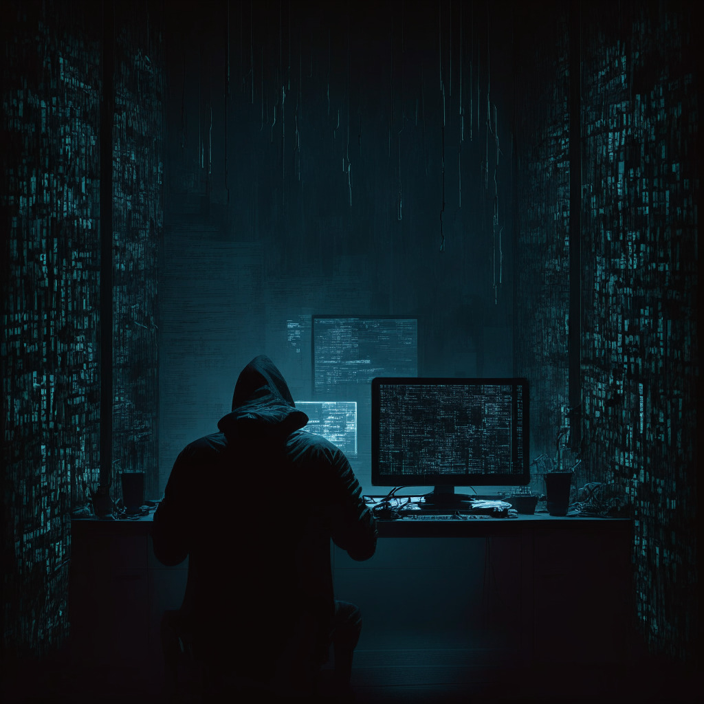 Dark, ominous atmosphere, crypto exchange scam scene, phishing website mimicking a legitimate platform, sinister figure luring unsuspecting victims, faint glow of computer screens, surreptitious OTC trading, shadowy web of deceit, DeFi and centralized tools, tense mood, feeling of vulnerability.