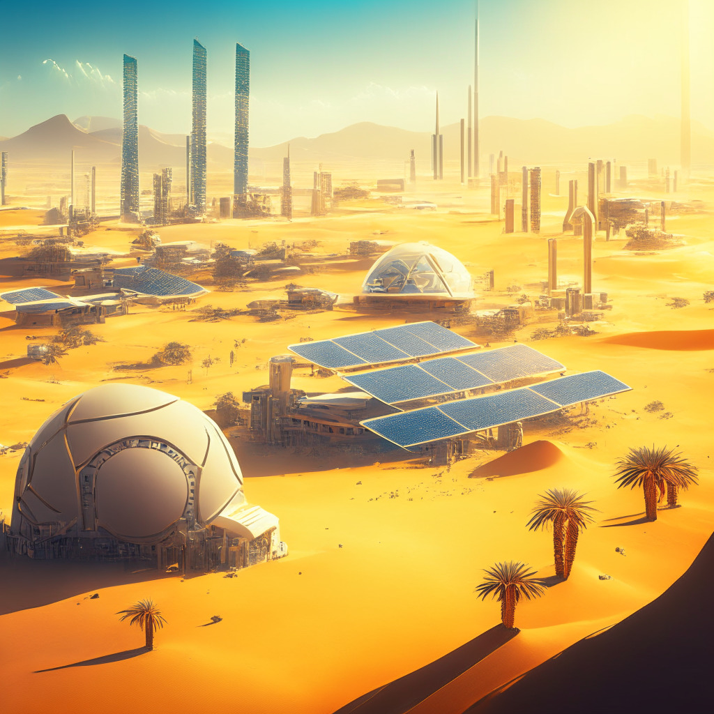 Desert scene with large scale crypto mining facility, immersion cooling solution, liquid-cooled mining rigs, futuristic Abu Dhabi skyline, solar panels, digital coins hovering, soft warm sunlight, blend of warm & cool tones, balance of sustainability & growth, mood of innovation & cautious optimism.